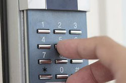 Keypad door lock being used